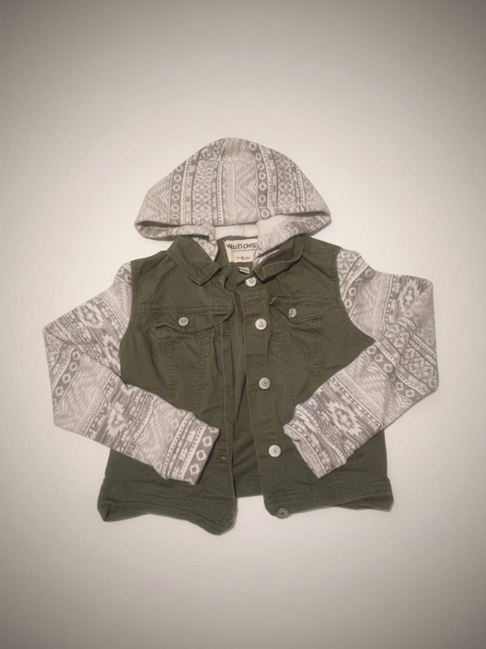 Wallflower Olive Green Jacket with Patterned Gray Knit Hood & Sleeves